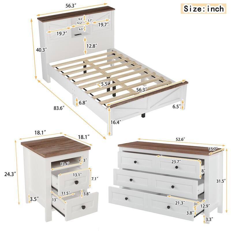 2/3/4-Piece Bedroom Set, Twin/Full/Queen, Wooden Bed, 2 Nightstands, Dresser, Sliding Door Headboard, White/White+Brown