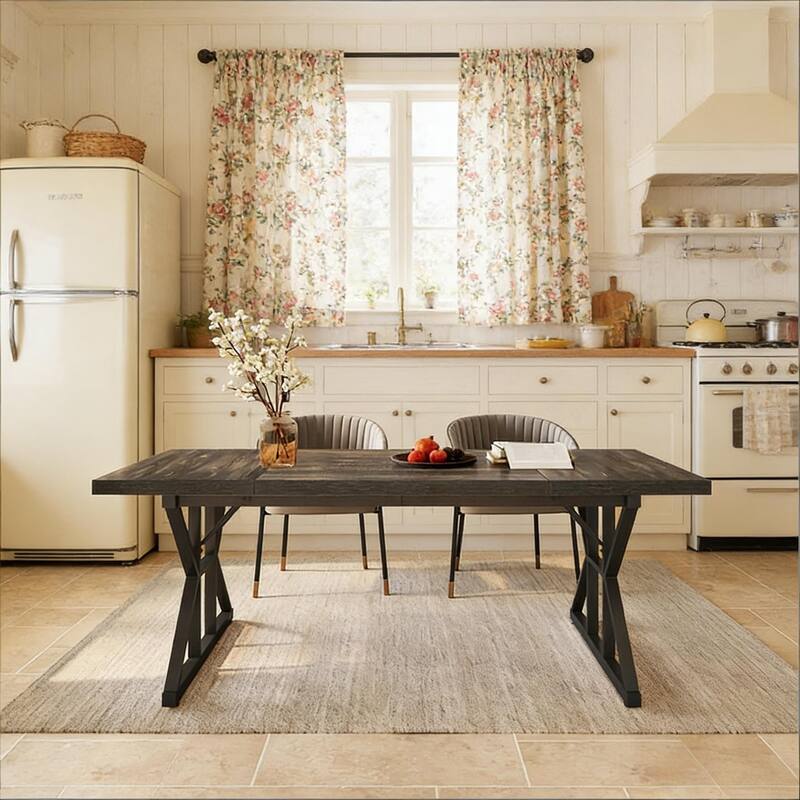 Farmhouse Dining Table Trestle Base Metal Accents Seats 6 Versatile Use - Black,Oak