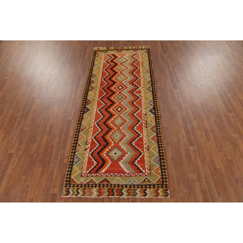 Vegetable Dye Kilim Qashqai Persian Vintage Runner Wool Carpet - 3'9"x 9'7"