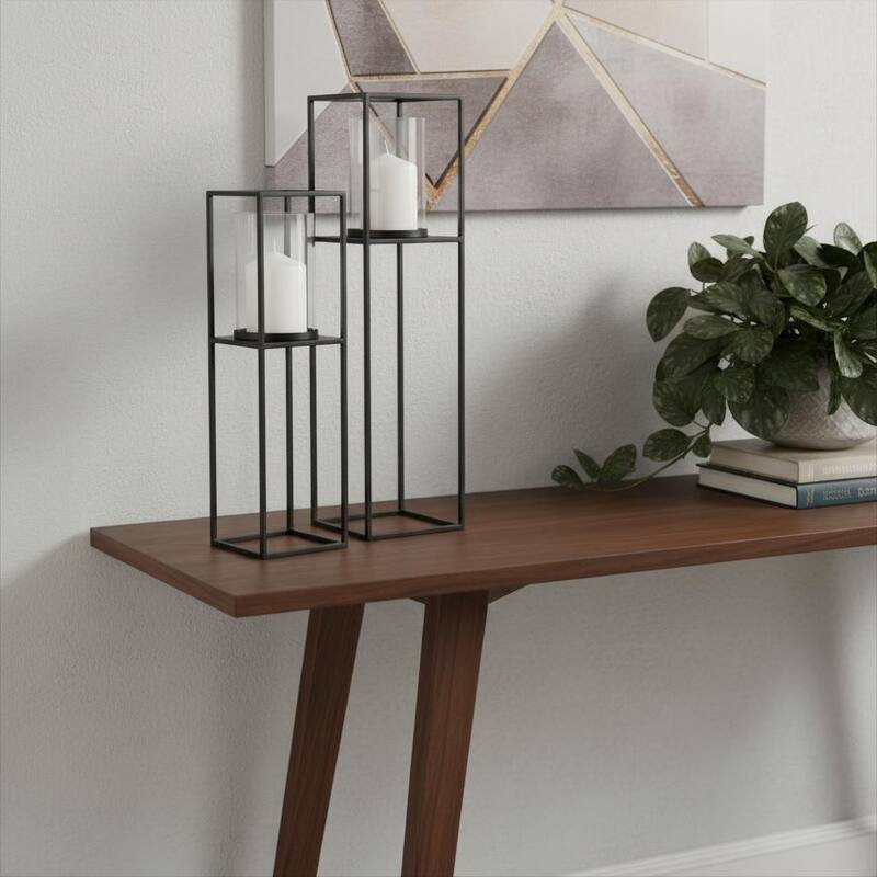Set of Two Black Geometric Metal And Glass Tabletop Hurricane Candle Holders - Black