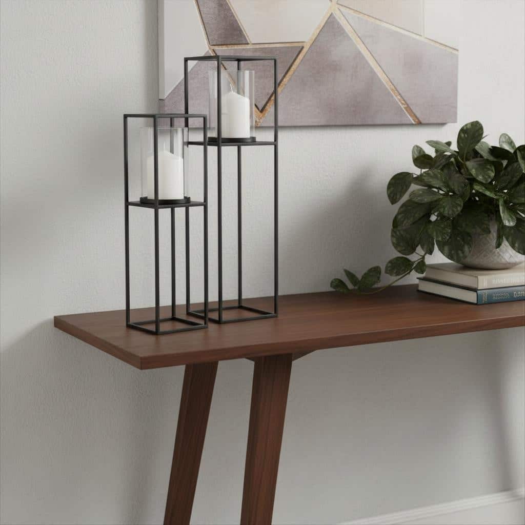 Set of Two Black Geometric Metal And Glass Tabletop Hurricane Candle Holders