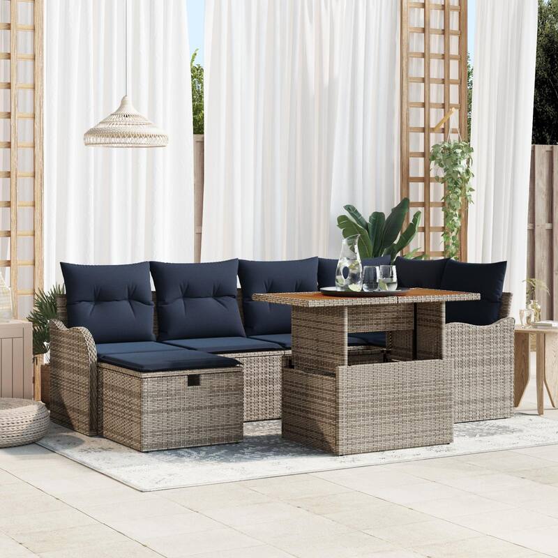 vidaXL 7 Garden Sofa Set with Cushions Black/Grey Poly Rattan - 91.5 x 48.2 x 27.2 - Grey