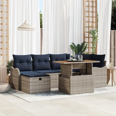 vidaXL 7 Garden Sofa Set with Cushions Black/Grey Poly Rattan - 91.5 x 48.2 x 27.2