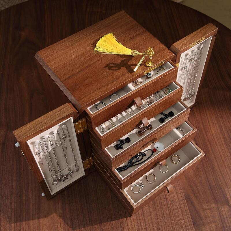 Modern Walnut Color Double-Door with Begonia Locking 5-Layer Jewelry Box - 9.06