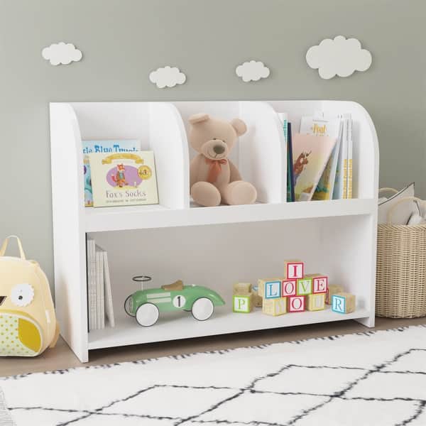 slide 2 of 8, Kids Bookcase with 4 Compartments Storage Bookshelf Organizer White