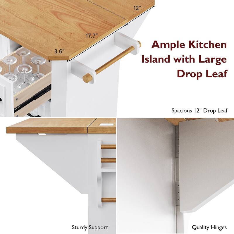Farmhouse Kitchen Island with 6 Drawers, 4 Interior Storage Shelves, Electrical Outlets, Spice and Towel Racks, for Kitchen