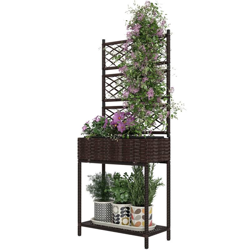 Outdoor Raised Garden Bed Rattan Plant Stand with Trellis and Storage Shelf for Herbs or Flowers - 21.7" L x 10.2" W x 52.4" H