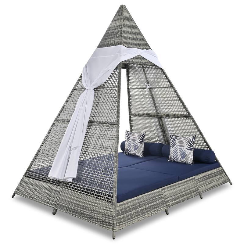 90.5" Triangle Tent Daybed Sunbed with Pillows & Curtain