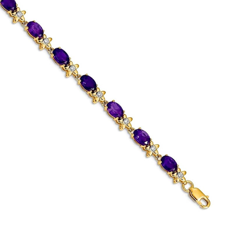 Curata Yellow or White 14k Gold 4.5mm 7" Gemstone and Diamond Flower Bracelet - Amethyst - Yellow
