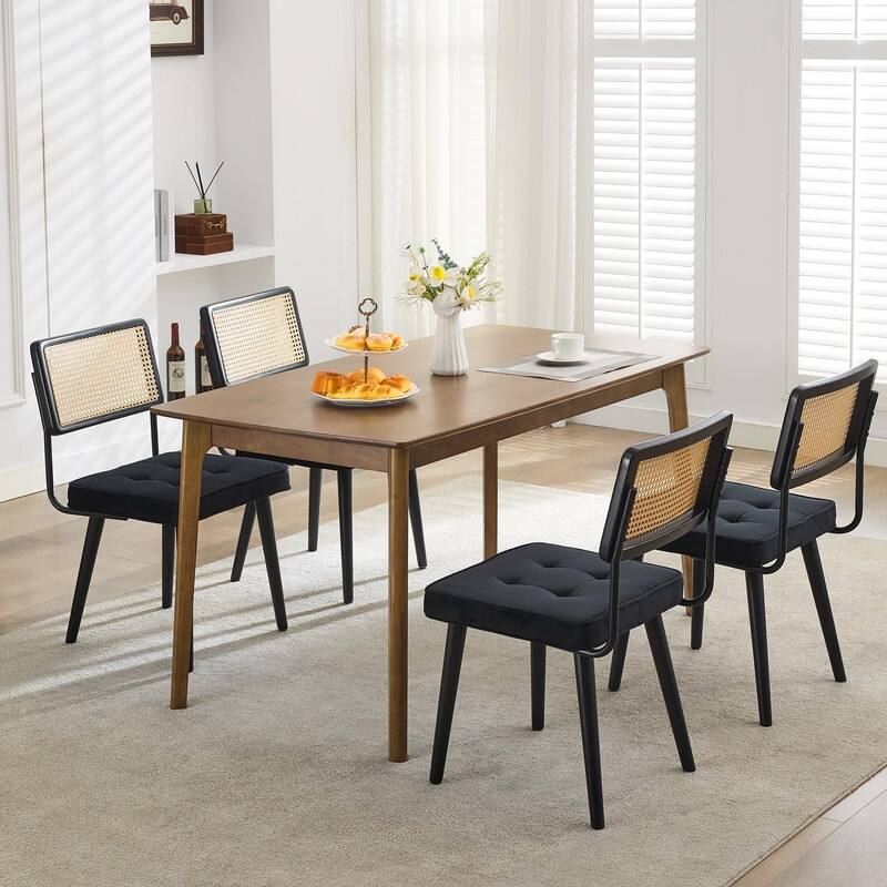Mid-Century Modern Upholstered Dining Chair with Checkered Hollow Rattan Backrest and Padded Cushion