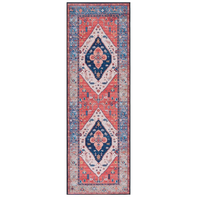 SAFAVIEH Tucson Machine Washable Slip Resistant Dorcas Oriental Medallion - 2' 6" x 8' - Rust/Blue