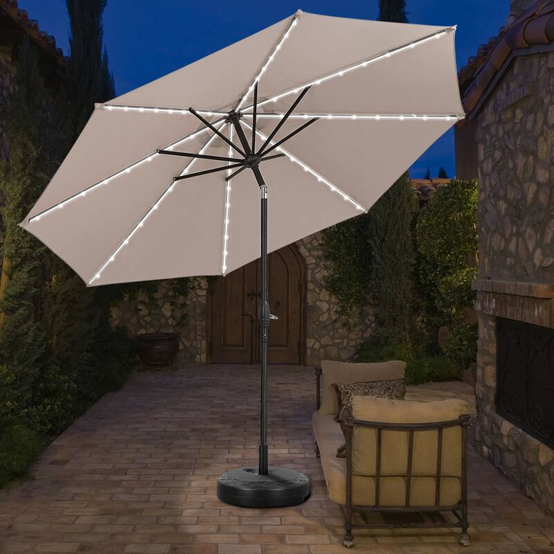 Ainfox 10ft Solar Patio Umbrella 40 LED Lighted and Umbrella Base, Strip Lights Outdoor Market Table Umbrella