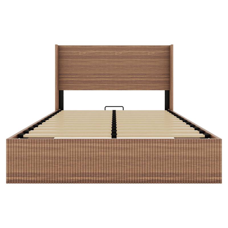 Large grooved undulating lift storage bed frame, wooden platform bed frame with lift storage(Queen)