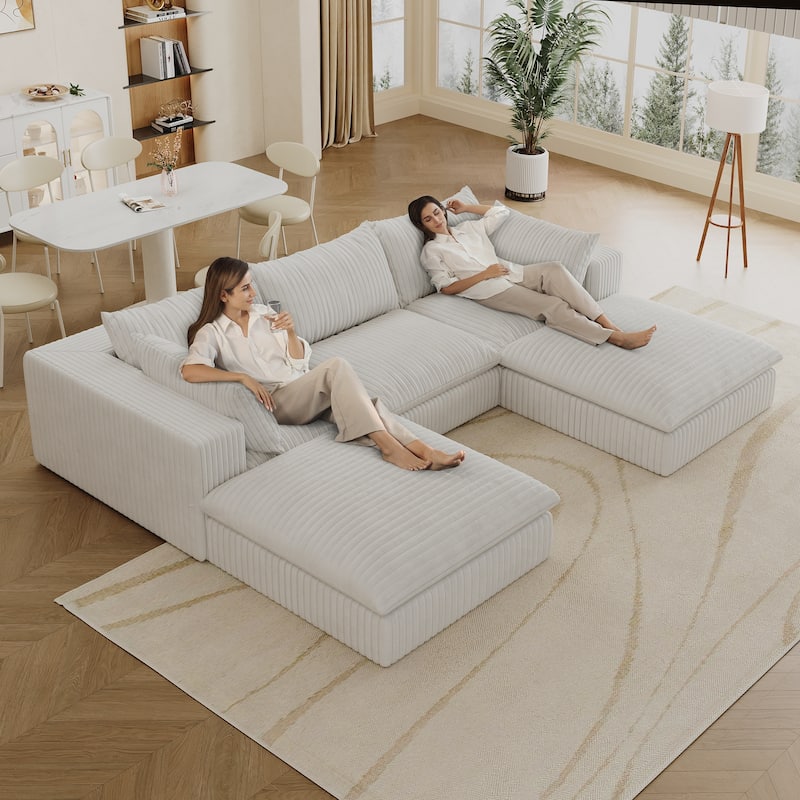 Modular Deep Seat Couch U-shaped Sectional Sofa with Chaise Lounge Corduroy Upholstered Sleeper Sofa Bed with Ottomans