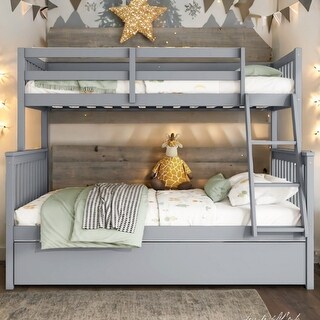 Grey Twin over Full Wood Bunk Bed Convertible Beds with Twin Size Pull-Out Trundle