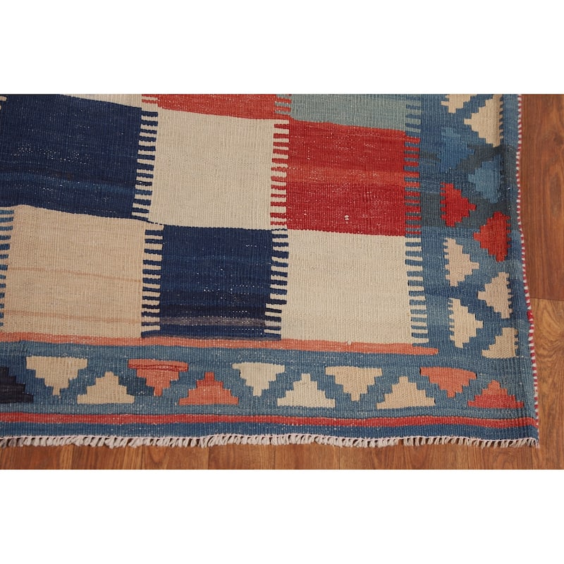 Checkered Kilim Qashqai Persian Vintage Rug Hand-Woven Wool Carpet - 4'10"x 7'10"