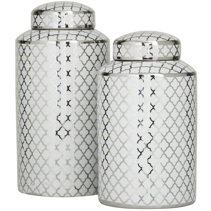 Ceramic Geometric or Floral Living Room Decorative Jars - Set of 2 White, Gold, Silver, Black, Blue - Roche River Decor