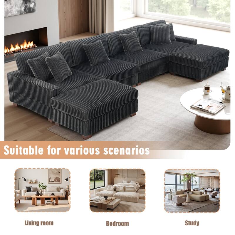 Modular Cotton Flannel Plush Sectional Sofa with Ottomans