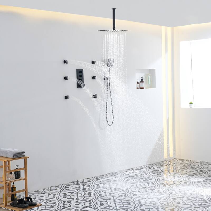 3 Functions 12 Inch Ceiling Mounted Thermostatic Shower System in Matte Black with square shower head