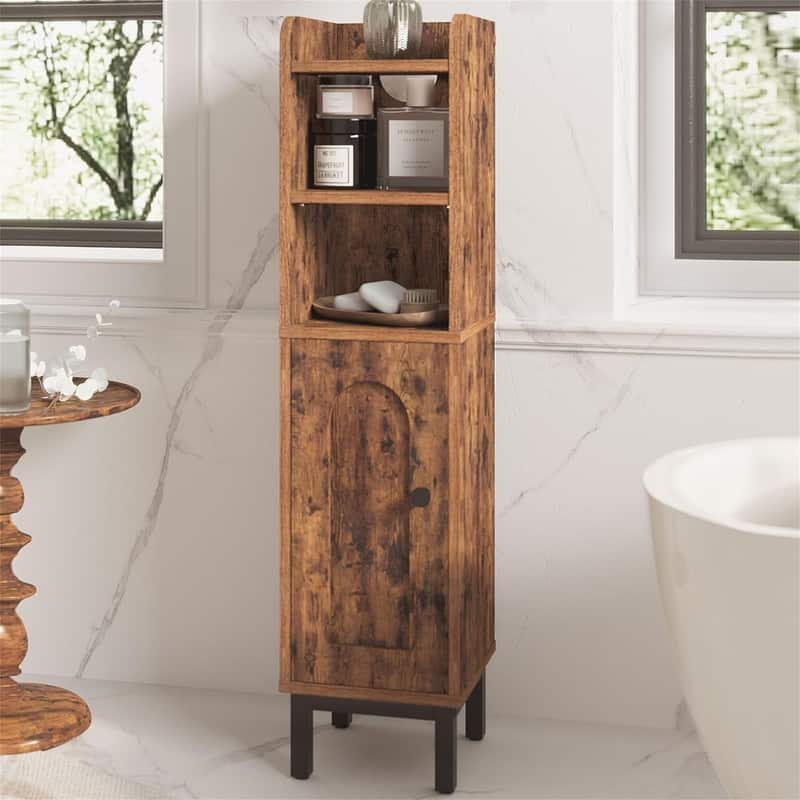 Bathroom Storage Cabinet Small Corner Floor Cabinet with Door and Shelves - 7.87"D x 7.87"W x 32.65"H - Brown