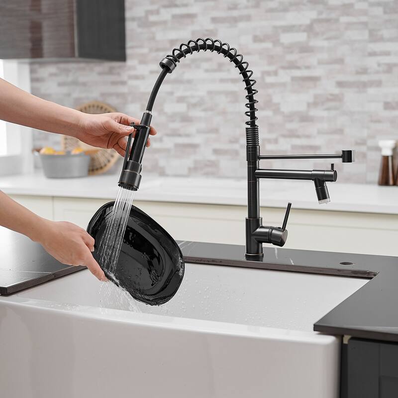 Single-Handle Double-Spout Oil Rubbed Bronze Pull Down LED Kitchen Faucet