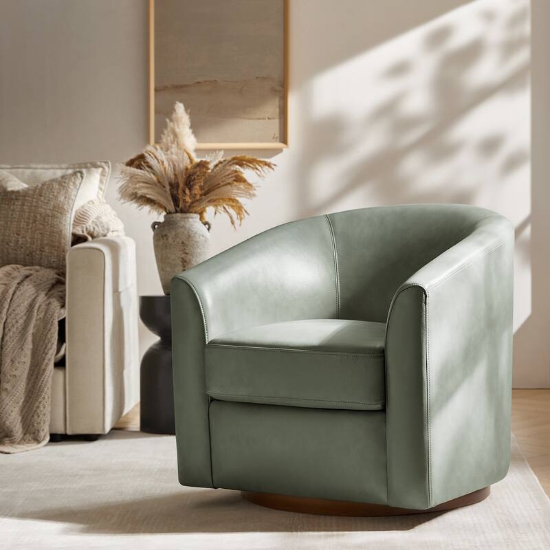 Althea Modern Genuine Leather Swivel Barrel Chair with Solid Wood Base By HULALA HOME