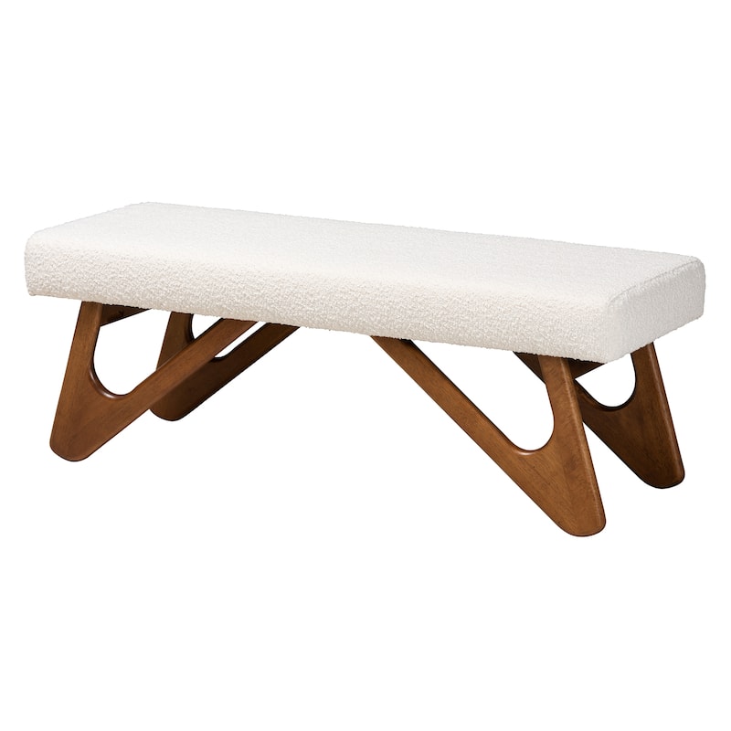 Rika Japandi Cream Boucle Fabric and Walnut Brown Finished Wood Bench - White, Walnut Brown