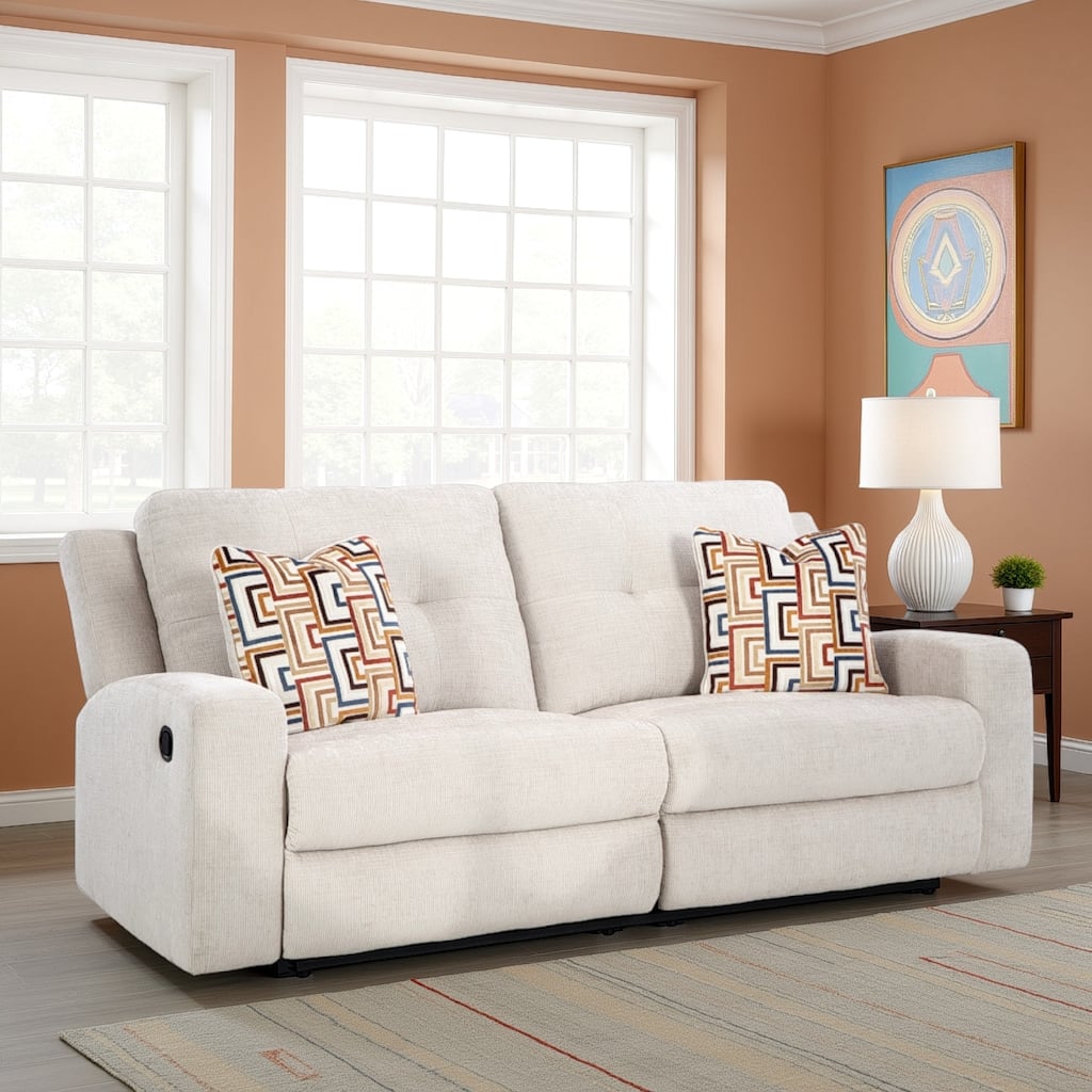 Genna Manual Reclining Sofa, Light Beige Polyester, 2 Pillows, 87 Inch