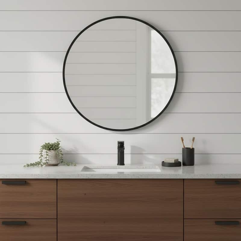 HomeRoots 20" Black Aluminum Round Framed Accent Mirror - 20.00 in. x 20.00 in. x 1.10 in. - 20.00 in. x 20.00 in.  x 1.10 in.