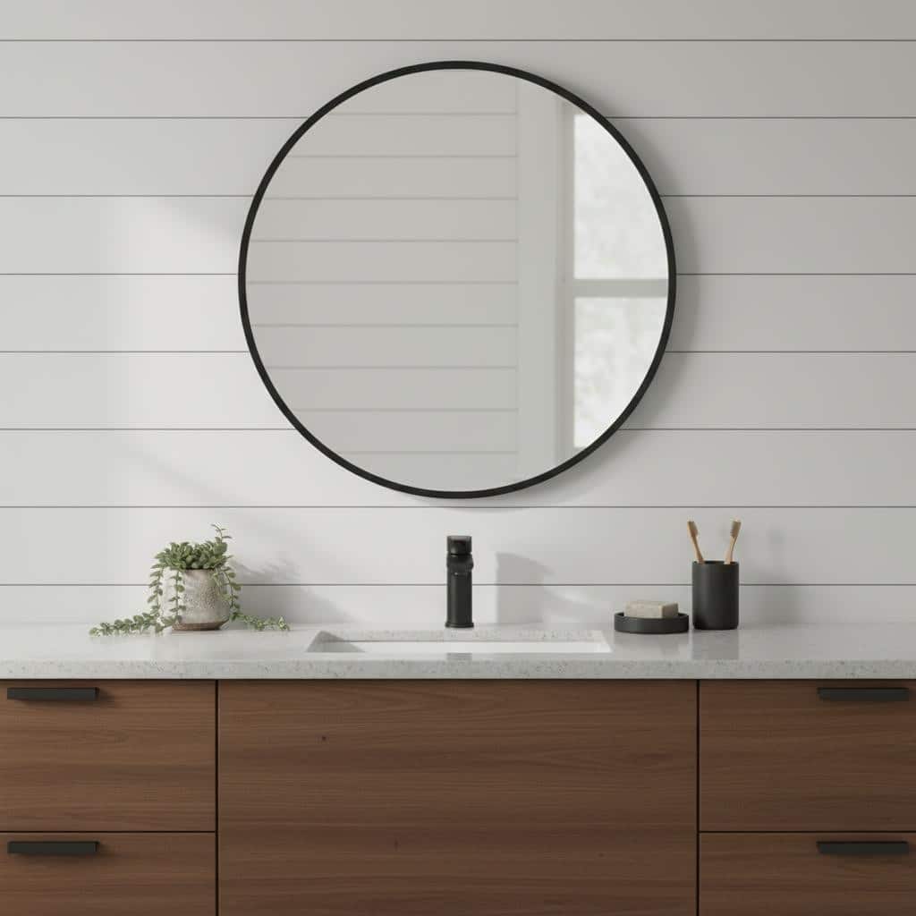 HomeRoots 20" Black Aluminum Round Framed Accent Mirror - 20.00 in. x 20.00 in. x 1.10 in.