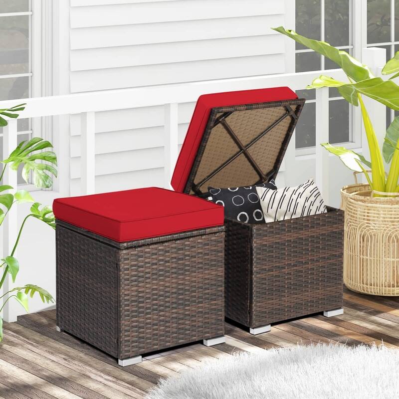 2-Pieces Patio Ottoman Set Outdoor Wicker Stool with Storage