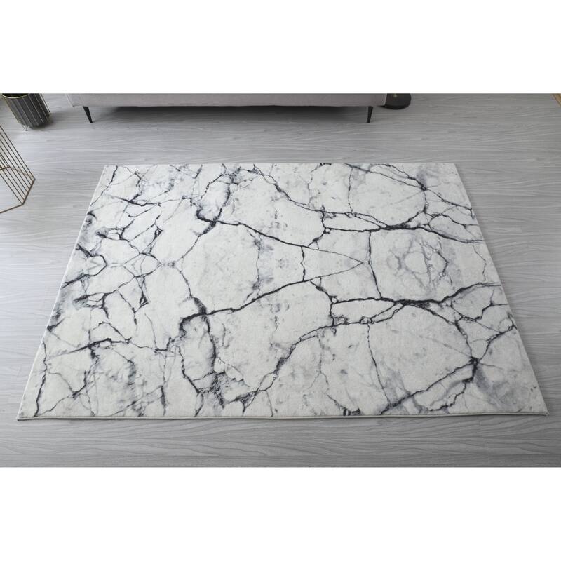Retro Shag Collection Abstract Area Rug - 5' X 7' - White/Grey