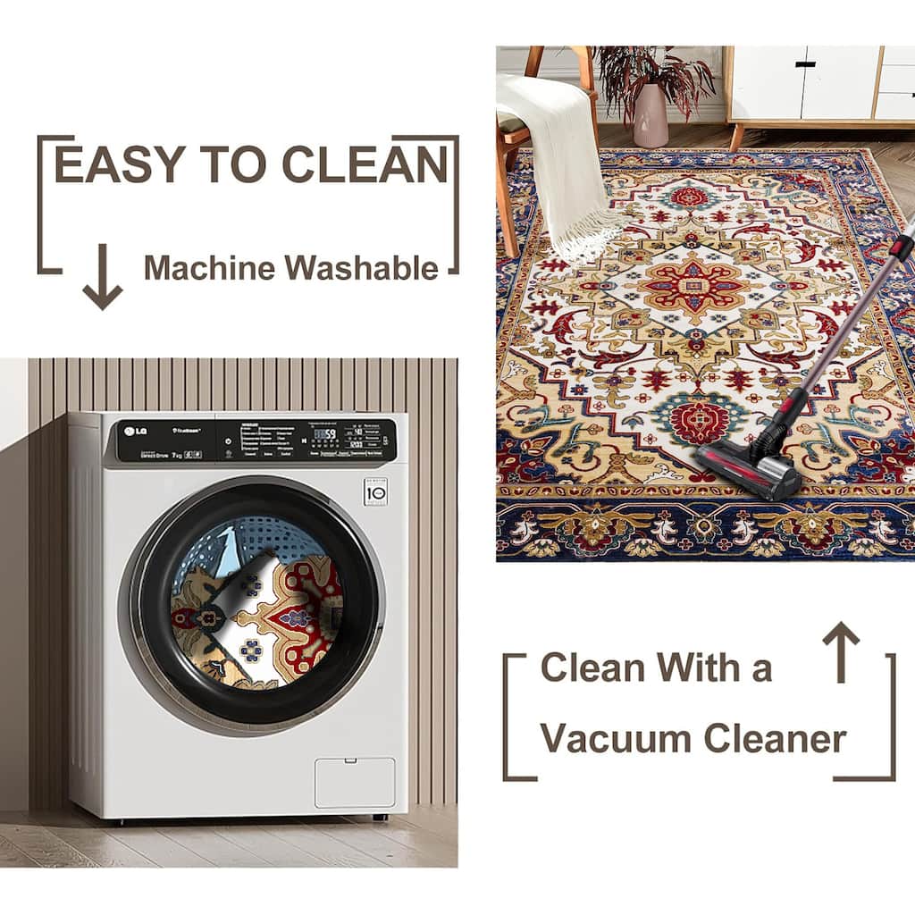 5x7 Vintage Bohemian Persian Area Rug, Non-Slip and Washable, Ideal for Living Room, Kitchen, or Bedroom - 5' Octagon