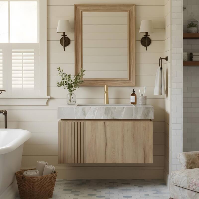Floating Bathroom Vanity with 1 Pre-drilled Faucet Holes - 36 - White Oak