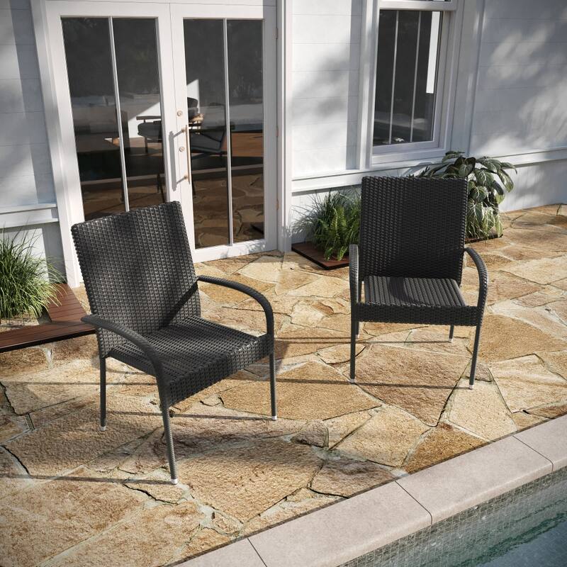 Indoor/Outdoor Stacking Steel Framed Wicker Dining Armchairs - 2 Pack