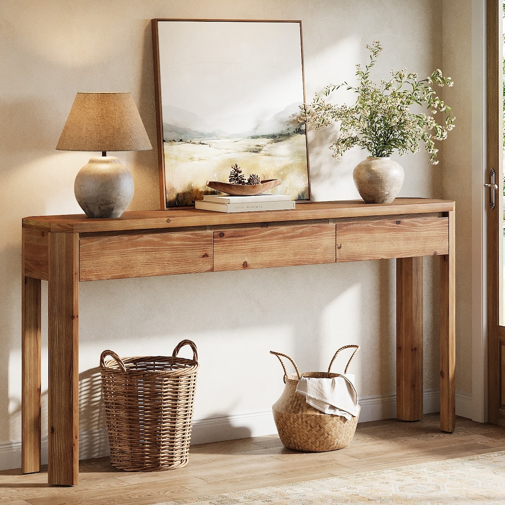 63 Inch Solid Wood Console Table with 3 Drawers, Sofa Table Behind the Couch, Farmhouse Style - 11.81" D x 62.99" W x 31.5" H