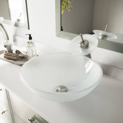 VIGO White Frost Glass Vessel Bathroom Sink and Waterfall Faucet Set