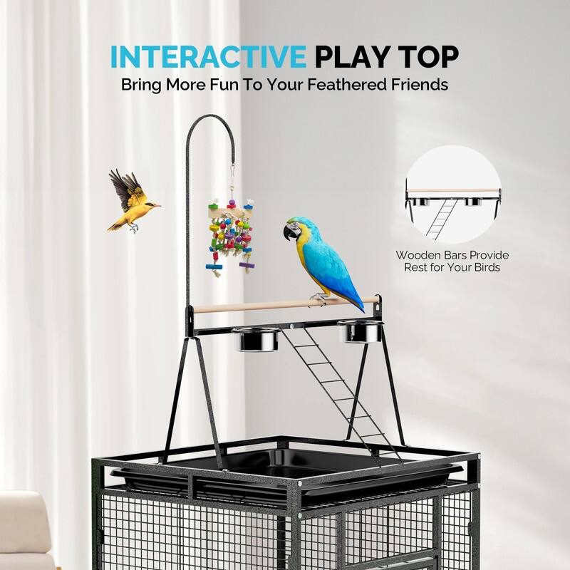 68in Wrought Iron Bird Cage with Playtop, Large Flight Cage with 5 Feeders & Ladder & Rolling Stand, for Small/Medium Birds