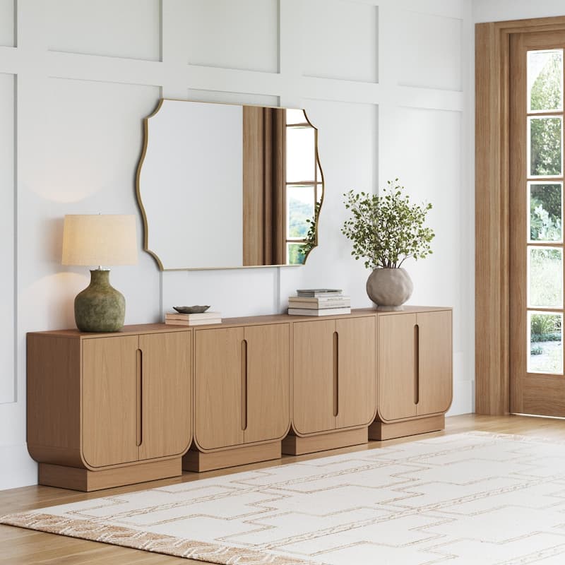 Joey Mid Century Modern Storage Cabinet, Arched Accent Cabinet with Rounded Bottom Edges and Integrated Door Pull Cutouts - Set of 4 - Raw Oak