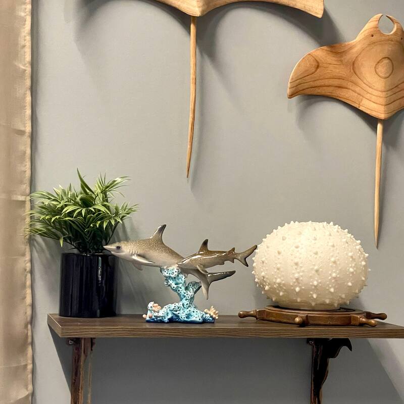 Double Sharks On Coral Statue 10" Hand-Painted Ocean Marine Decor - 6.5 X 10 X 4 inches