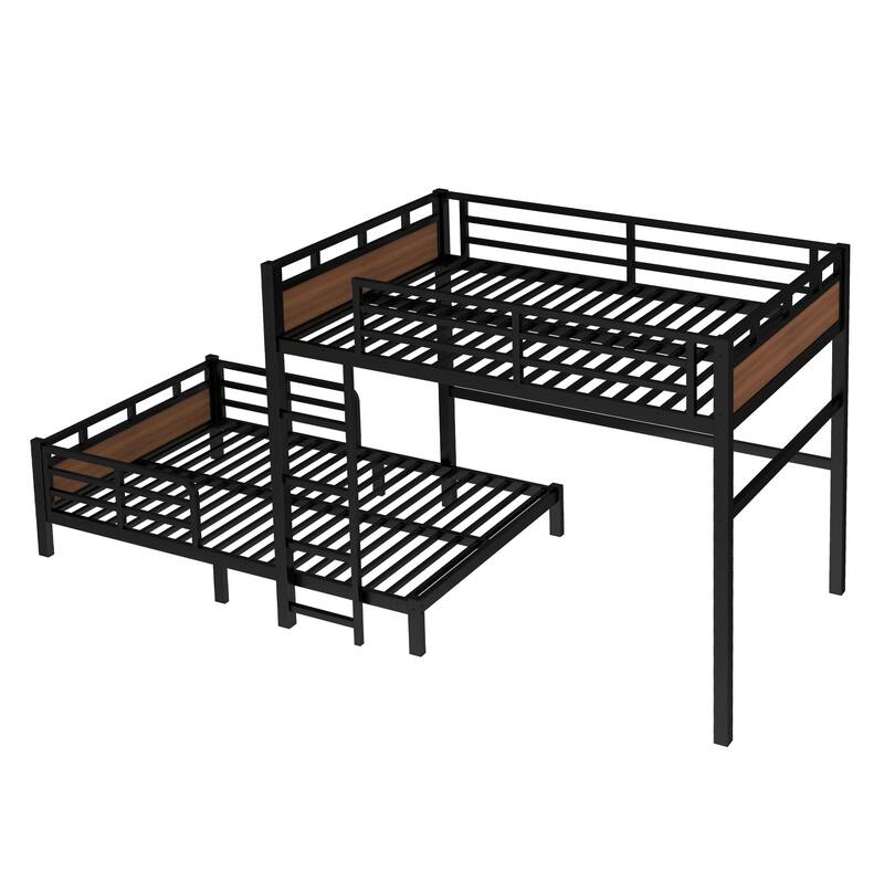 Roomfitters Twin/Full/Queen Metal Bunk Bed & Loft Bed with Raised Safety Fence, Convertible Platform Design, Vintage Wood