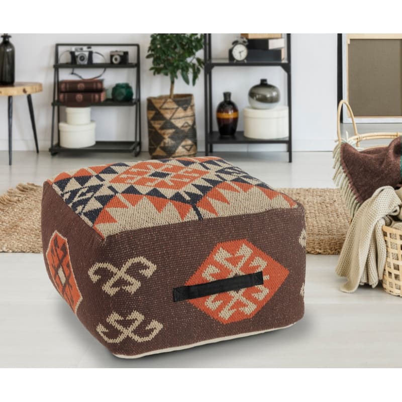 18" Brown Tribal Pouf Ottoman for Living Room and Bedroom