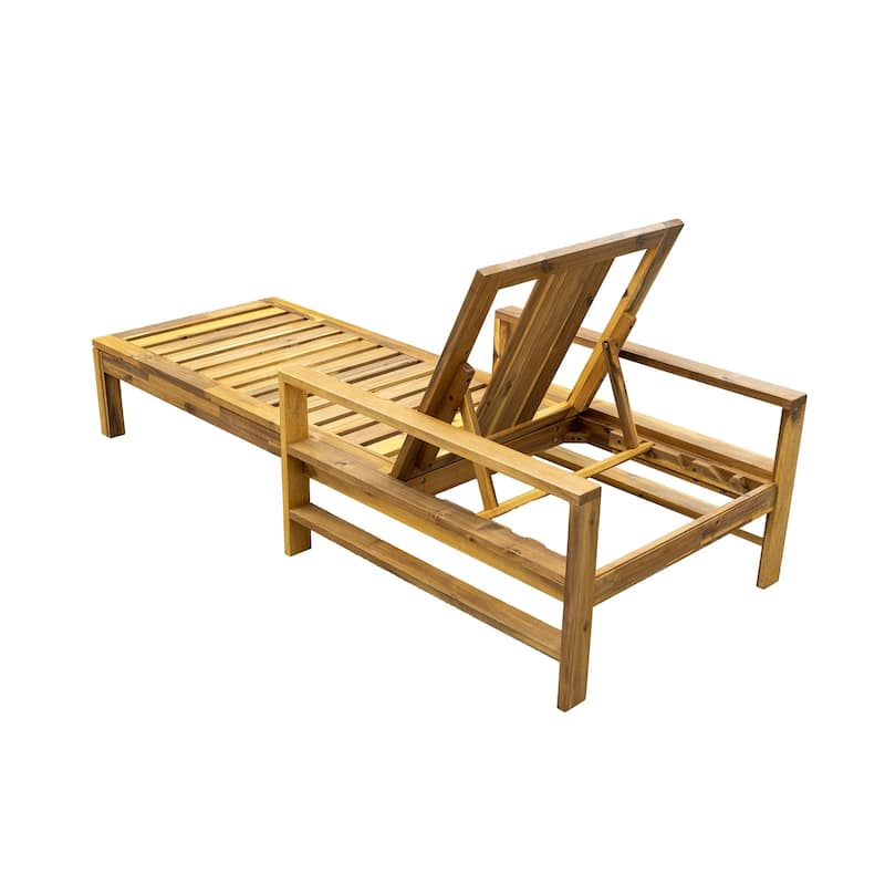 Set of 2 Outdoor Patio Chaise Lounge Chairs, Acacia Wood Adjustable Backrest Recliners for Garden, Terrace, Poolside