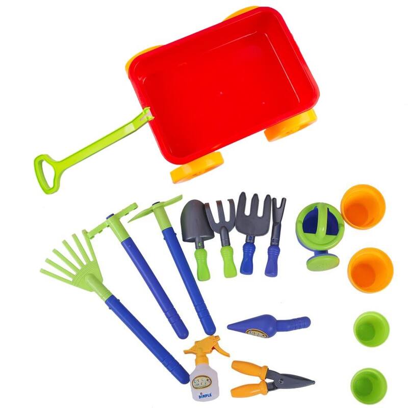 Dimple Garden Wagon & Tools 15-Piece Play Set – Outdoor Toy Gardening Kit for Toddlers and Kids, Sandbox, or Beach Play, Ages 3+
