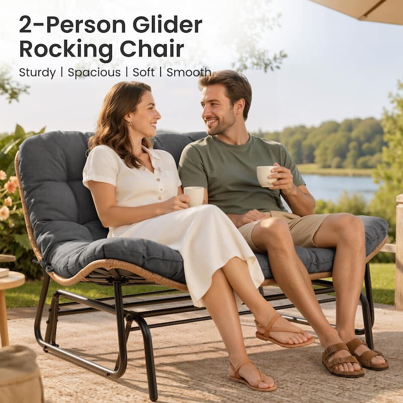 Oversized 2-Person Outdoor Glider Rocking Chair Bench Double Papasan Chair Loveseat with Cushion