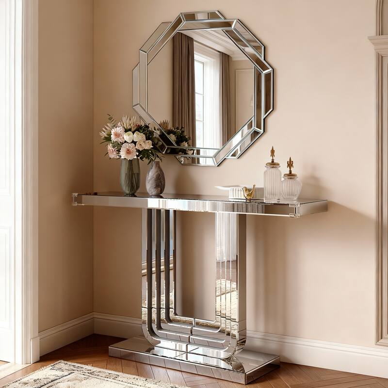 GDF Studio - Modern Silver Mirrored Console Table with U-Shaped Base