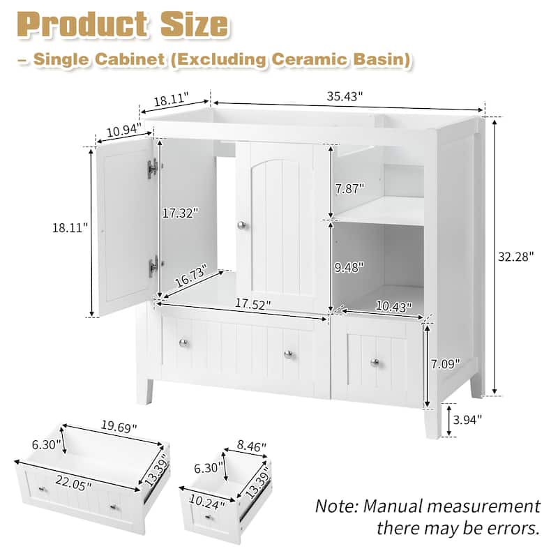 Modern Lacquered Bathroom Organizer Cabinet with Two Drawers and Dual Doors for Storage - 35.82”(H) x 18.11(W) x 32.28 (D)
