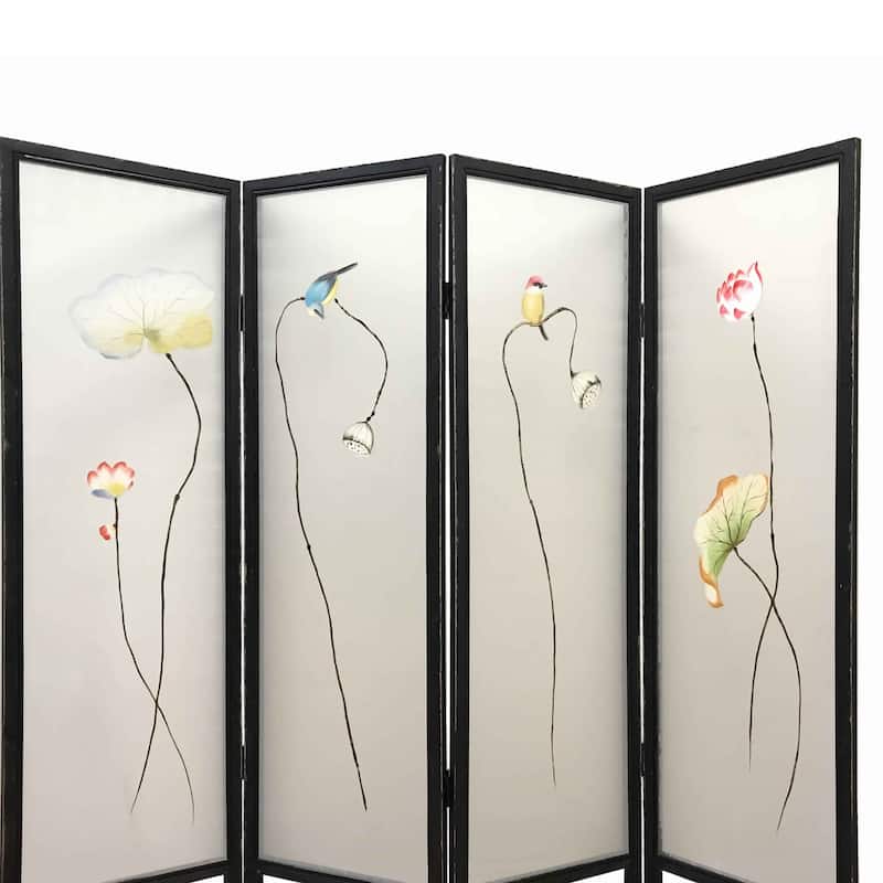 4 Panel Wooden Screen with Hand painted Fabric Design, Brown & Beige