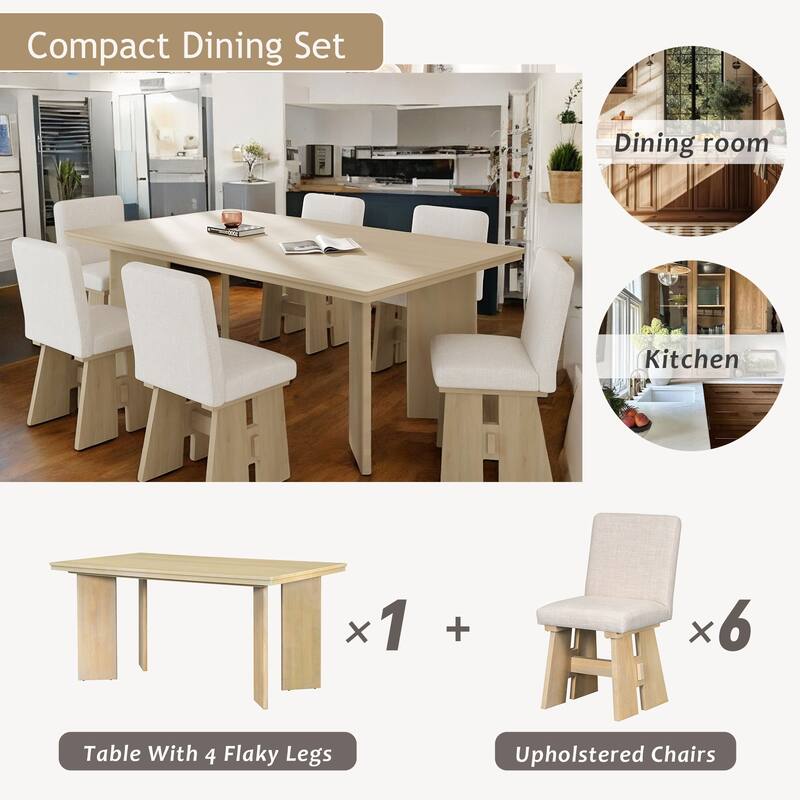 7-Piece Dining Table Set with 6 Upholstered Chairs, Solid Wood Farmhouse Design, Space-Saving, Modern Style for Dining Room