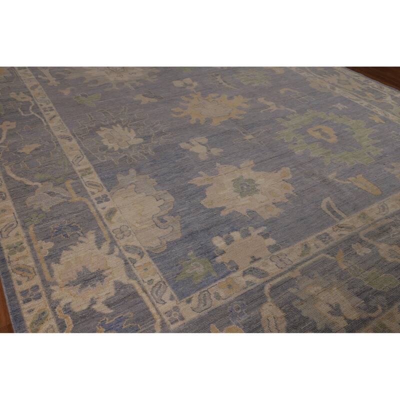 Blue Floral Oushak Turkish Large Rug Hand-Knotted Wool Carpet - 9'11"x 14'0"
